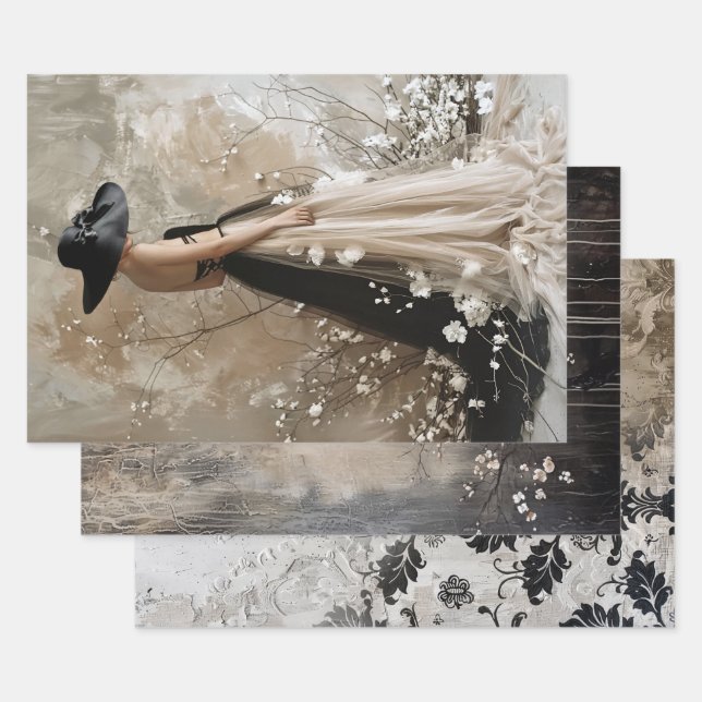 Hoja De Papel De Regalo Black Tie Elegant Moody Heavy Weight Decoupage (Set)