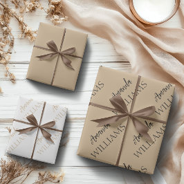 Hoja De Papel De Regalo Black Trendy Elegant First Name | Tan Brown