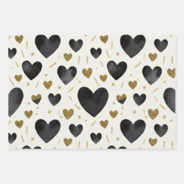 Hoja De Papel De Regalo Black Watercolor & Gold Glitter Hearts