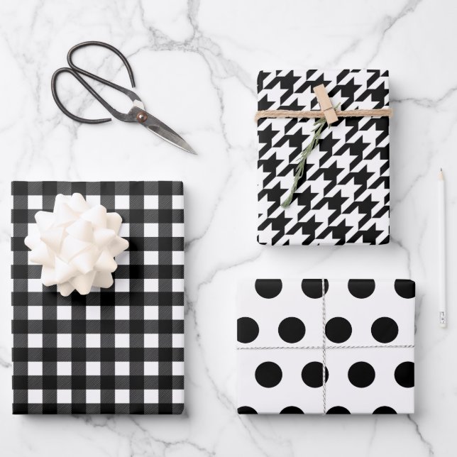 Hoja De Papel De Regalo Black White Plaid Polka Dot Houndstoth (Anverso)