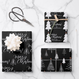 Hoja De Papel De Regalo Black White Script Merry Christmas Tree Name