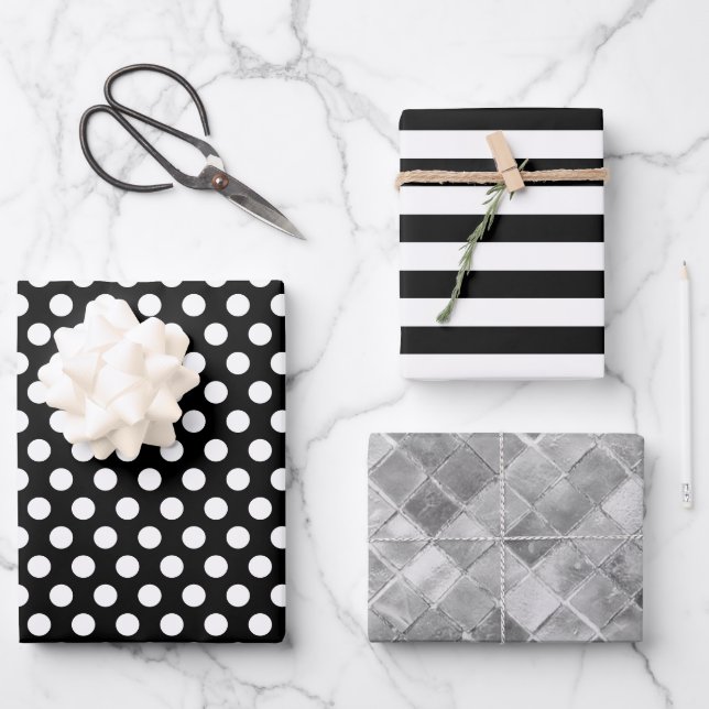 Hoja De Papel De Regalo Black White Stripes Polka Dots Relieve metalizado  (Anverso)