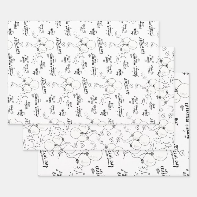 Hoja De Papel De Regalo Black White Text Doodle Balloon Happy Birday (Set)