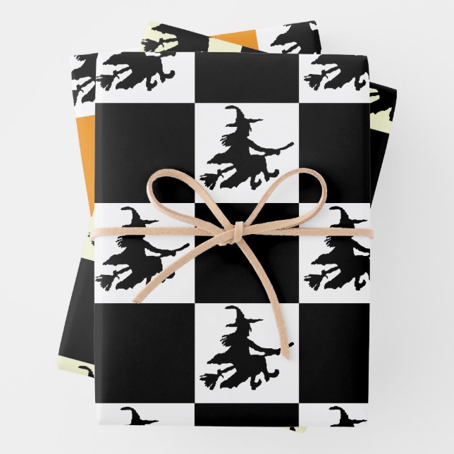 Hoja De Papel De Regalo Black Witches on White, Yellow & Orange Checkered (In situ)