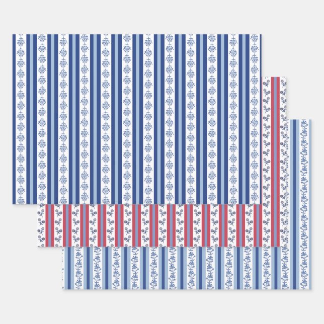 Hoja De Papel De Regalo Block Print Botanical Stripes  (Set)