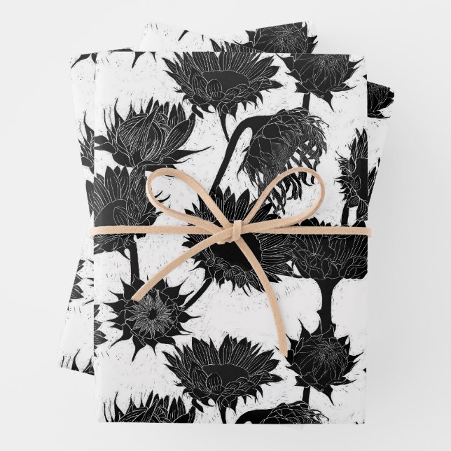 Hoja De Papel De Regalo Bloque de madera Imprimir girasol blanco y negro (In situ)