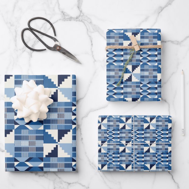 Hoja De Papel De Regalo Bloque Kente - Índigo Suave (Anverso)