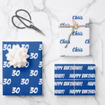 Hoja De Papel De Regalo Blue 30th Happy Birthday Custom Name<br><div class="desc">Añada un nombre,  Personalizar la edad y diga Feliz cumpleaños con este envoltorio de regalo de varias hojas en azul y blanco para ayudar a alguien especial a celebrar el gran cumpleaños número 30. Tres hojas de papel de ajuste separadas para el Personalizar.</div>