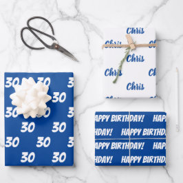Hoja De Papel De Regalo Blue 30th Happy Birthday Custom Name