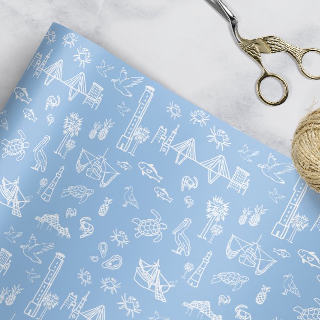Hoja De Papel De Regalo Blue and Black Charleston Toile (Charleston Toile Gift Wrap)