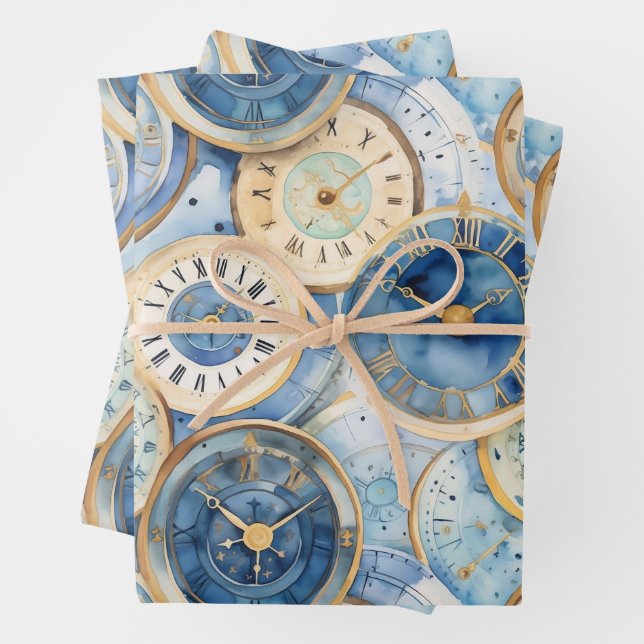 Hoja De Papel De Regalo Blue and Gold Clock Pattern (In situ)