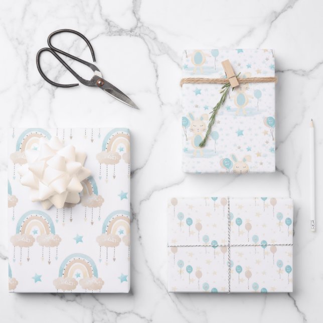 Hoja De Papel De Regalo Blue Baby Boy Rainbow and Rabbit Wrapup Paper Sh (Anverso)