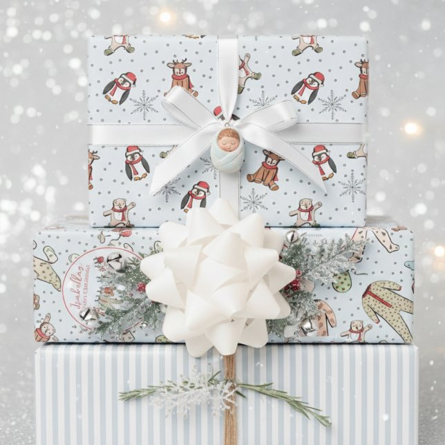 Hoja De Papel De Regalo Blue Babys First Christmas Winter Pajamas (Baby First Christmas Wrapping Paper for Baby Boy. Winter Pajamas, Animals & Stripes Pattern for Kids)