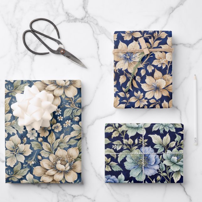 Hoja De Papel De Regalo Blue Beige Green Chinoiserie Toile Floral Cumpleañ (Anverso)