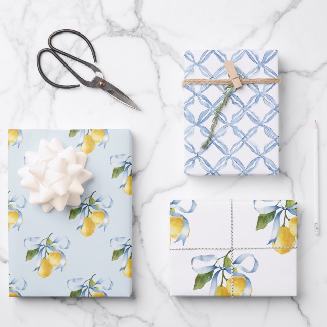 Hoja De Papel De Regalo Blue Bow Lemons (Anverso)