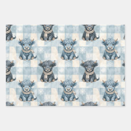 Hoja De Papel De Regalo Blue Checkered Highland Cow Cute