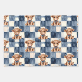 Hoja De Papel De Regalo Blue Checkered Highland Cow Cute Gift Wrap