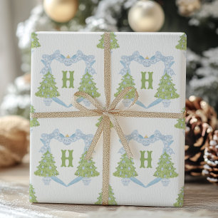 Hoja De Papel De Regalo Blue Chinoiserie Escudo Monograma de árbol de Navi