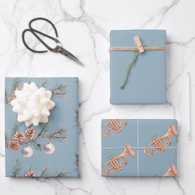 Hoja De Papel De Regalo Blue Christmas Tree Pine Cones Ornaments Trumpet (Anverso)