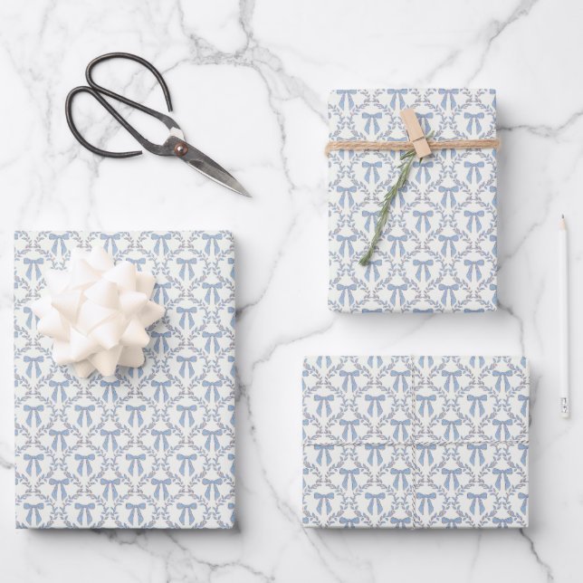 Hoja De Papel De Regalo Blue Coquette Bows, Trellis, Preppy (Anverso)