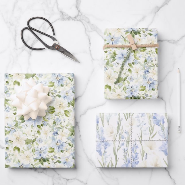 Hoja De Papel De Regalo Blue Cream Floral Wedding (Anverso)