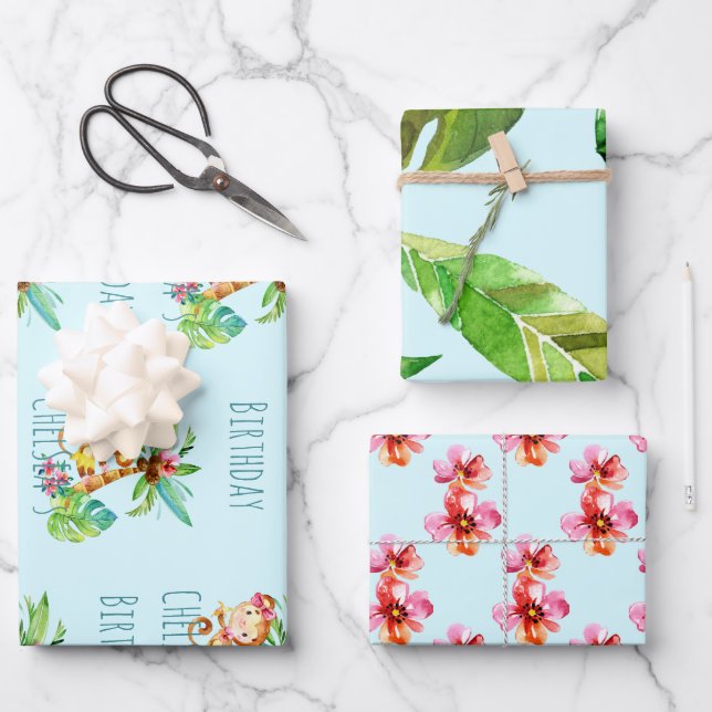 Hoja De Papel De Regalo Blue Cute Monkey Personalizado Cumpleaños Feliz (Anverso)