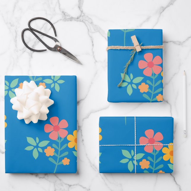 Hoja De Papel De Regalo Blue Daisy Cute Bouquet Pattern Moderno (Anverso)