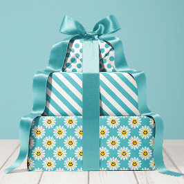 Hoja De Papel De Regalo Blue Daisy Floral Stripes Polka Dot