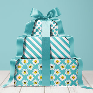 Hoja De Papel De Regalo Blue Daisy Flores Rayas Lunares