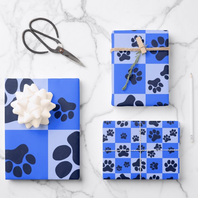 Hoja De Papel De Regalo Blue Dog Paw Print Checkerboard (Anverso)