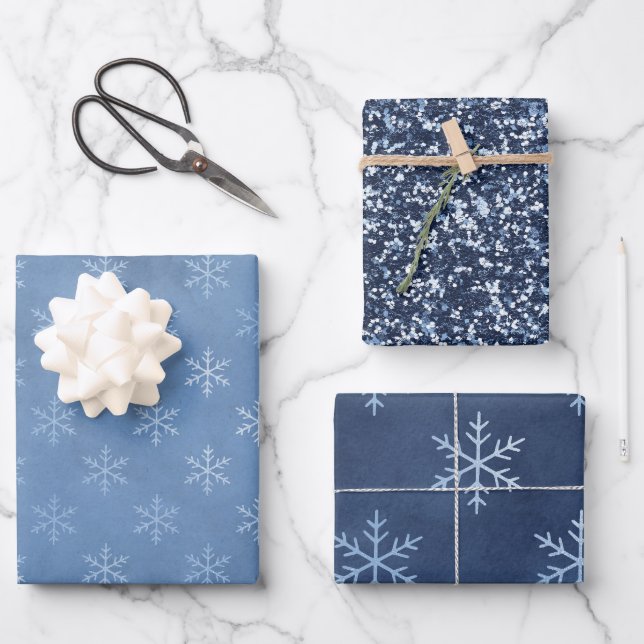Hoja De Papel De Regalo Blue Elegant Snowflake | Festividades Navidades (Anverso)