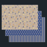 Hoja De Papel De Regalo Blue Gold Christmas Árboles Polka Dots Stripe<br><div class="desc">Tres Navidades de papel de envolvimiento azul y oro. La hoja 1 es marrón y está cubierta con árboles de Navidad azules y ramas de pino dorado. La hoja 2 es un patrón de puntos de polka oro azul coordinado con un patrón de puntos de polka oro, y la hoja...</div>