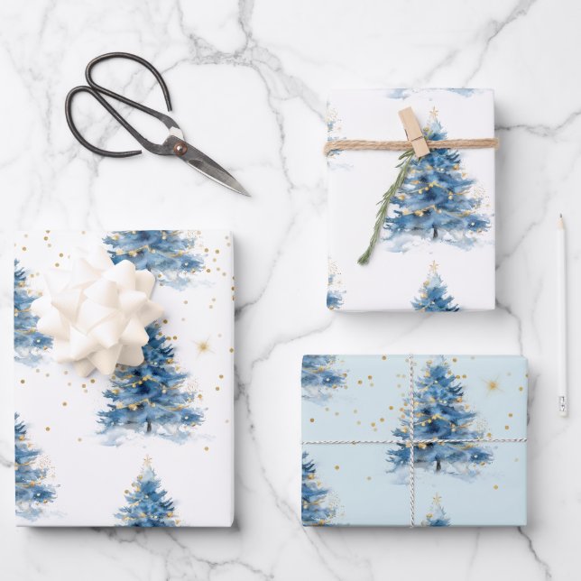Hoja De Papel De Regalo Blue Gold Confetti Christmas Tree (Anverso)