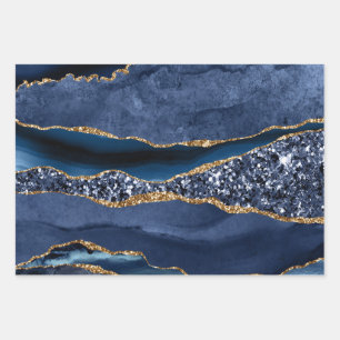 Hoja De Papel De Regalo Blue Gold Glitter Agate Canica Tendencia 