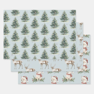 Hoja De Papel De Regalo Blue Green Christmas Trees Deer Fox