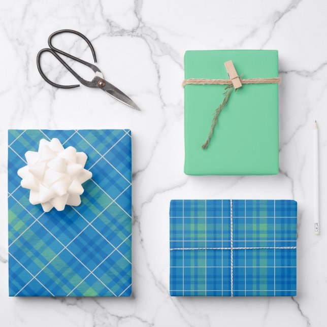 Hoja De Papel De Regalo Blue, Green & White Plaid (Anverso)