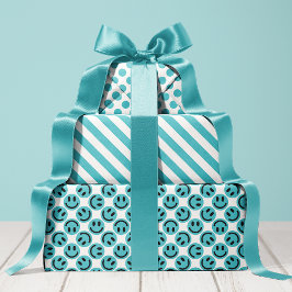 Hoja De Papel De Regalo Blue Happy Face Stripes and Polka Dot
