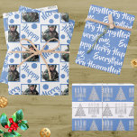 Hoja De Papel De Regalo Blue Merry Happy Everything Photo Typography<br><div class="desc">Celebra la temporada con este blanco y azul Feliz Feliz de Navidad Todo en Chrismukkah papel de envoltura navideño en un bonito surtido de diseños que incluyen tipografía elegante y un diseño de plantillas de fotos. Perfecto para familias interreligiosas, estos personalizados envueltos en hojas de papel celebran Hanukkah y a...</div>