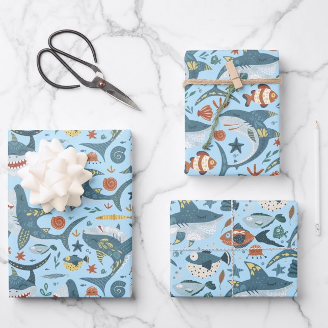 Hoja De Papel De Regalo Blue Ocean Children Shark Boy Birday Party (Anverso)