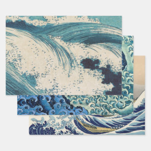 Hoja De Papel De Regalo Blue Ocean Waves Woodcut Japonés