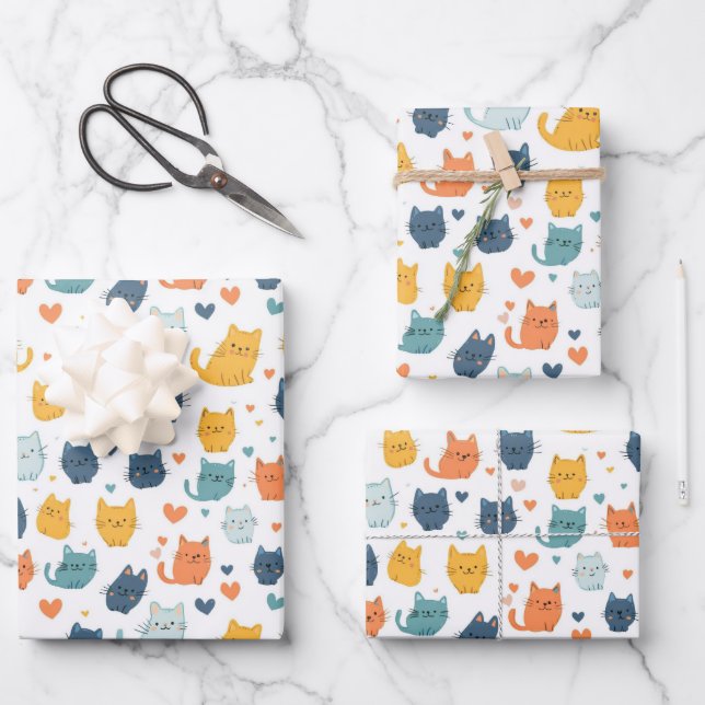 Hoja De Papel De Regalo Blue Orange Yellow Cute Cats Baby Shower Birthday (Anverso)