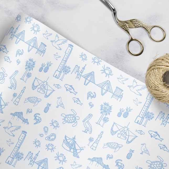Hoja De Papel De Regalo Blue Pink and Green Charleston Toile (Charleston Toile Gift Wrap in blue)