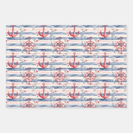 Hoja De Papel De Regalo Blue Red Anchors Floral Stripes Beach Birthday