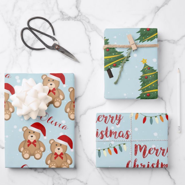 Hoja De Papel De Regalo Blue Snfall Merry Christmas Lights, Bear & Tree (Anverso)
