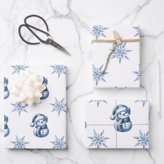 Hoja De Papel De Regalo Blue Snowmen Christmas  (Anverso)