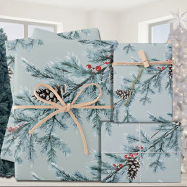 Hoja De Papel De Regalo Blue Spruce White Cones Red Berries Garland