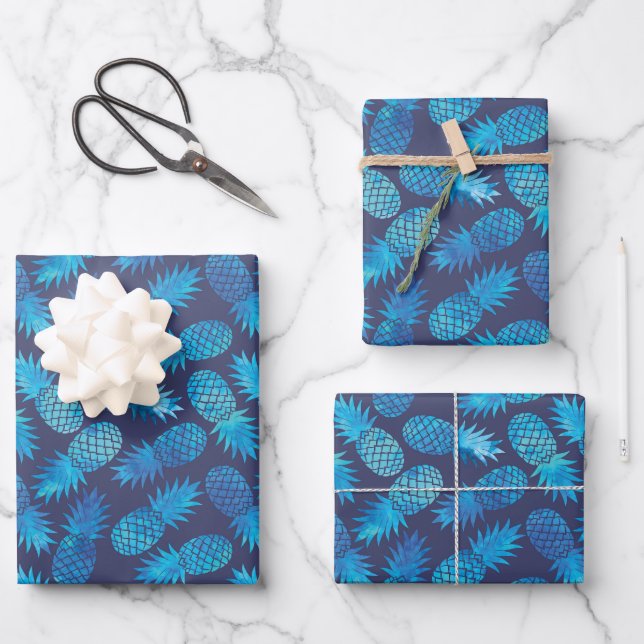 Hoja De Papel De Regalo Blue Tie Dye Pineapples (Anverso)