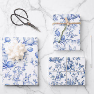 Hoja De Papel De Regalo Blue Toile De Jouy Easter Bunny