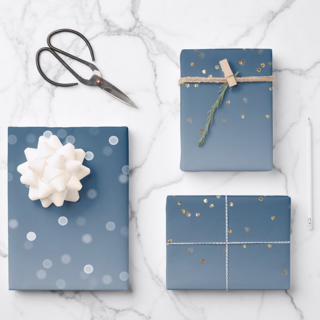 Hoja De Papel De Regalo Blue White Bokeh Gold Glitter Confetti Christmas (Anverso)