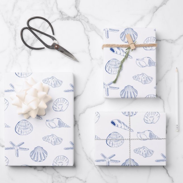 Hoja De Papel De Regalo Blue White Hand Drawing Sea Shells Beach Summer (Anverso)